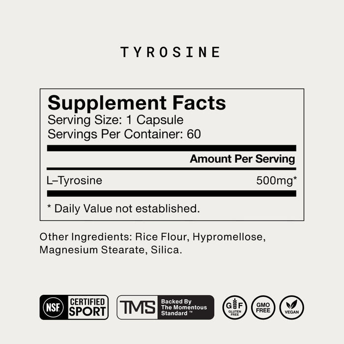 Supplement facts for Tyrosine showing 500mg of L-Tyrosine per capsule, 60 servings per container, with additional ingredients of rice flour, hypromellose, magnesium stearate, and silica, plus certification icons.