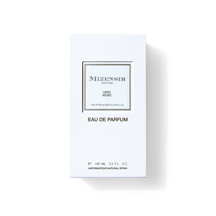 A white perfume box labeled "Mizensir Parfums Very Musc," featuring a sliver accent and details about the fragrance.