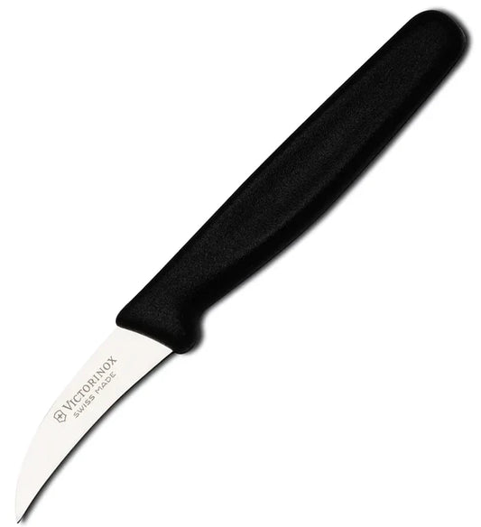 A Victorinox bird's beak peeler knife with a black plastic handle and a silver stainless steel blade.