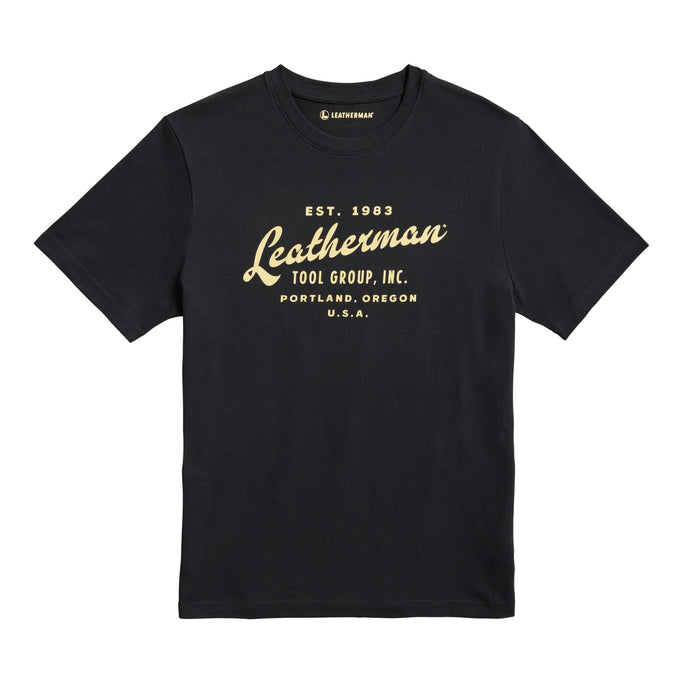 Front of the black Leatherman Vintage tee showcasing 'Leatherman' in a cursive font. Established 1983 in Portland, Oregon USA.