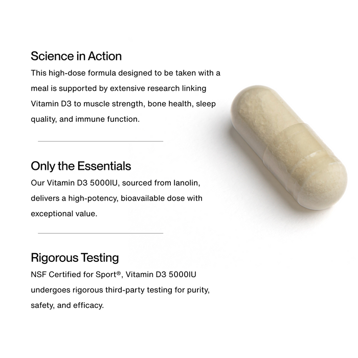 Clear capsule containing powder next to text highlighting Vitamin D3 5000 IU benefits including muscle strength, bone health, sleep quality, immune function, high potency, and rigorous third-party testing.