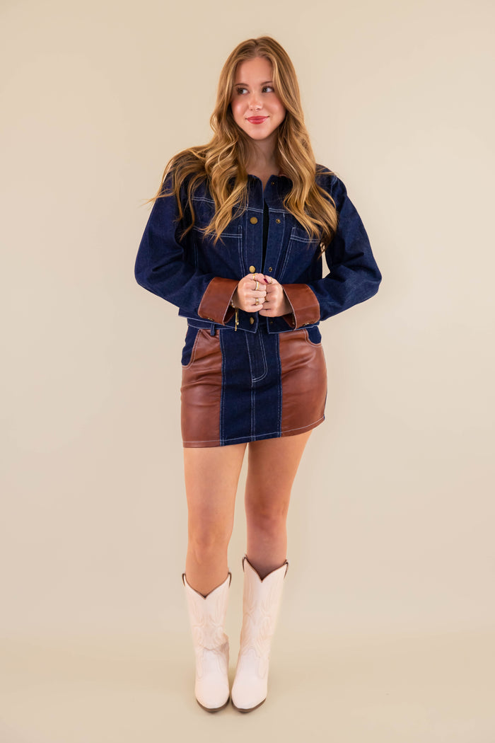 Women's Denim and Leather Mini Skirt- Women's Matching Denim Set- Concert Outfits