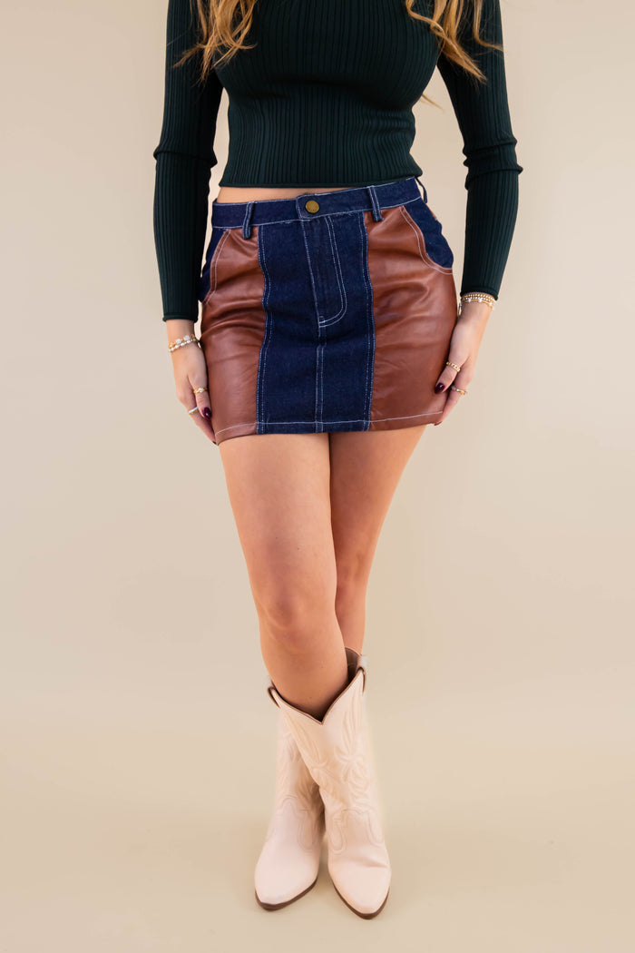 Women's Denim and Leather Mini Skirt- Women's Matching Denim Set- Concert Outfits