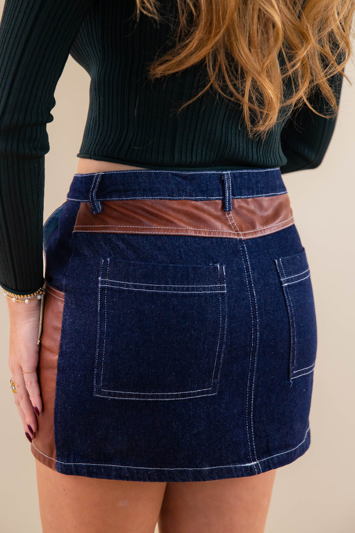 Women's Denim and Leather Mini Skirt- Women's Matching Denim Set- Concert Outfits