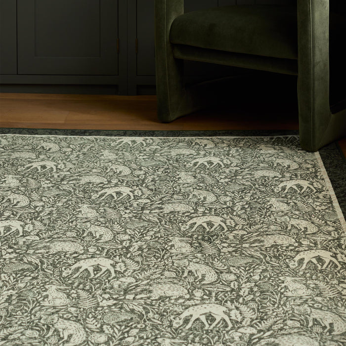 Whimsical Woodland Green Eco-Washable Rug made from 100% recycled materials. featuring a woodland design.