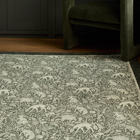 Whimsical Woodland Green Eco-Washable Rug made from 100% recycled materials. featuring a woodland design.