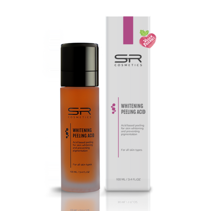 Bottle and packaging of Whitening Peeling Acid | SR Cosmetics, an acid-based peeling product for skin whitening and pigmentation prevention suitable for all skin types.