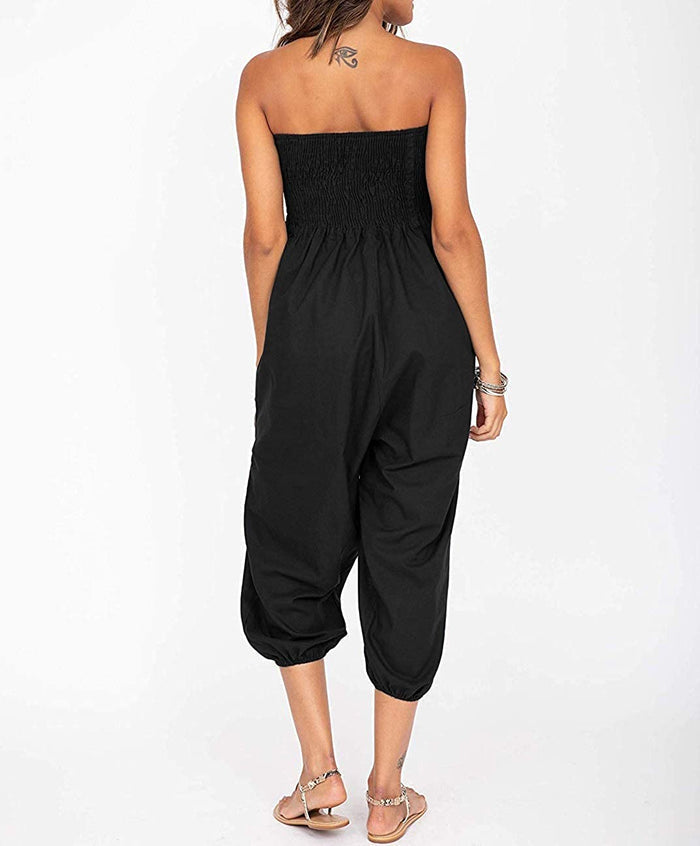 Whitewhale Women's 2 in 1 Hippie Bohemian Elastic Smocked Waist Harem Pants Casual Yoga Pants Jumpsuit