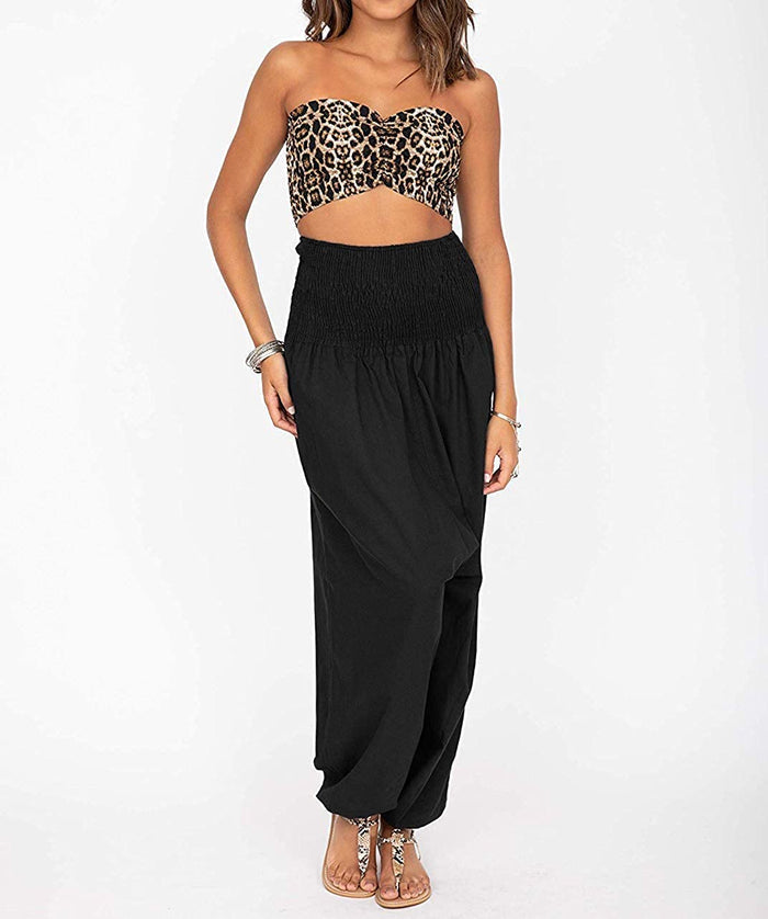 Whitewhale Women's 2 in 1 Hippie Bohemian Elastic Smocked Waist Harem Pants Casual Yoga Pants Jumpsuit