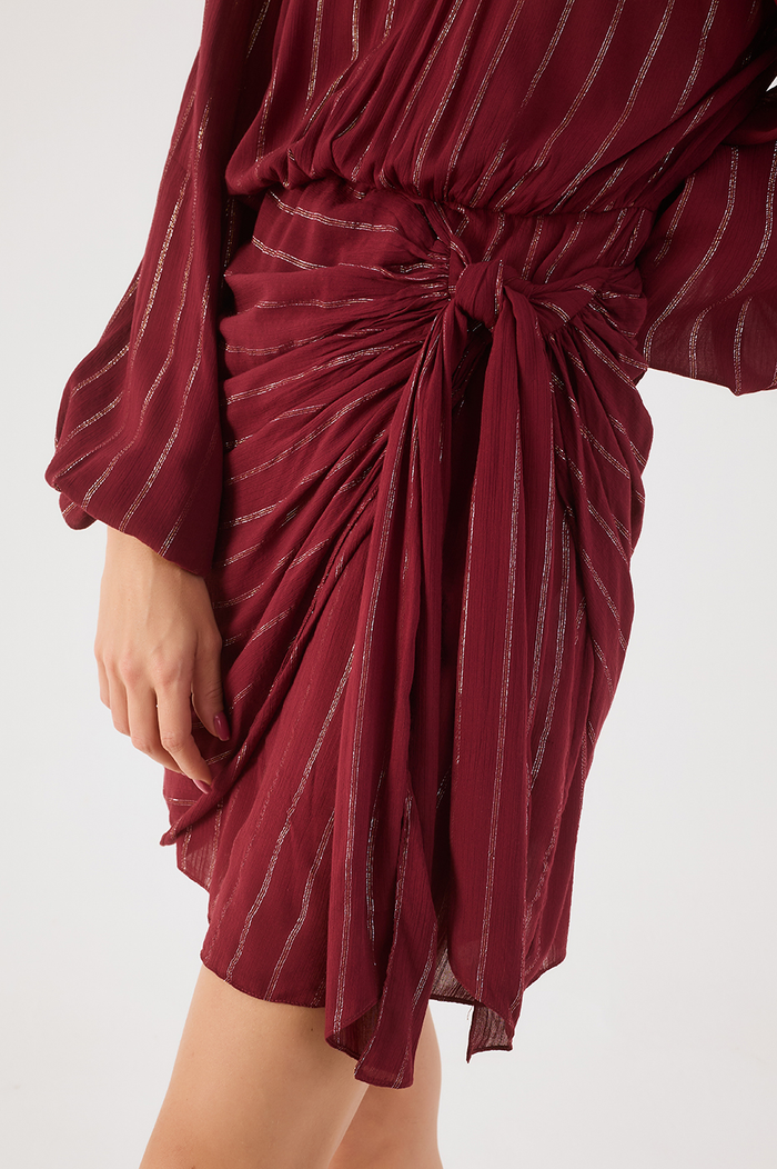 Wine Bossa High Neck Puff Sleeve Front Ties Mini Dress_6