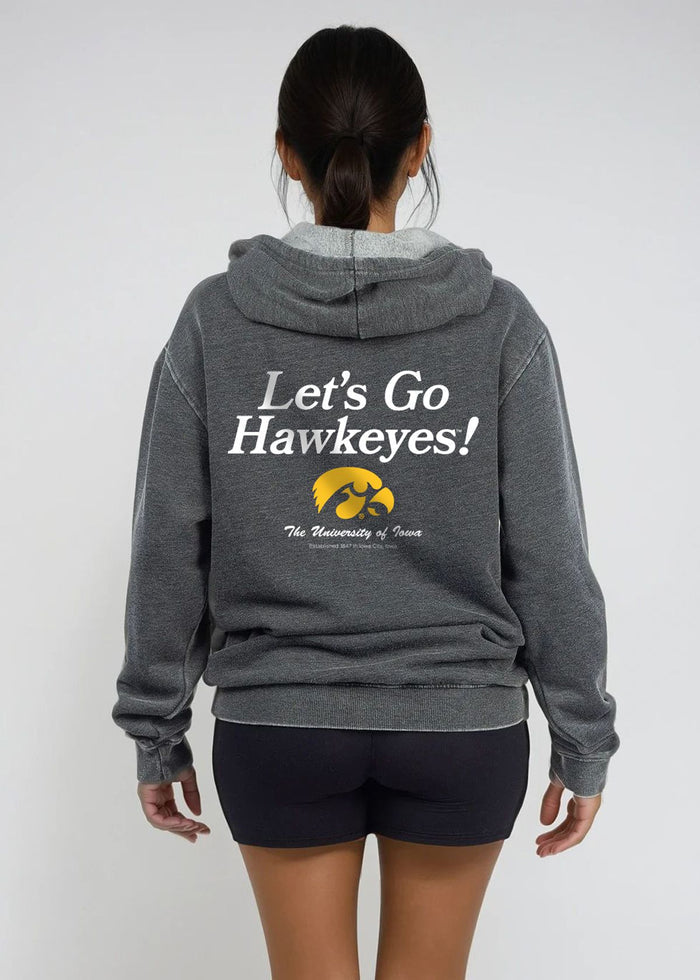 Iowa Hawkeyes Unisex Charcoal Relaxed Burnout fleece Hoodie with Kangaroo pocket, drop shoulders, lived-in look and feel
