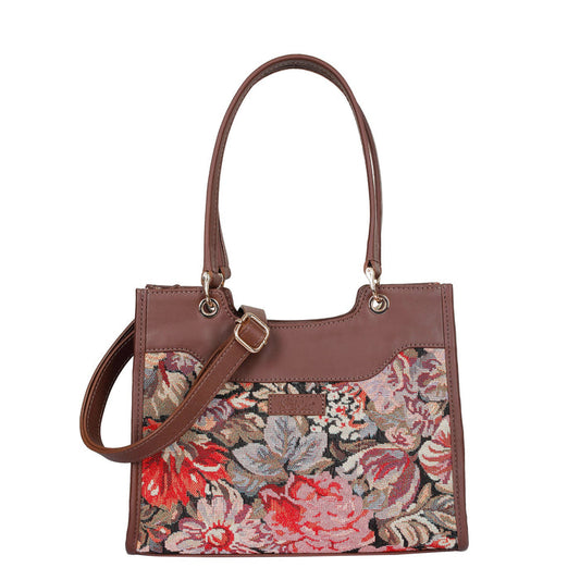 Women’s floral tapestry top?handle satchel with leather trim for daily, office, travel, and everyday use