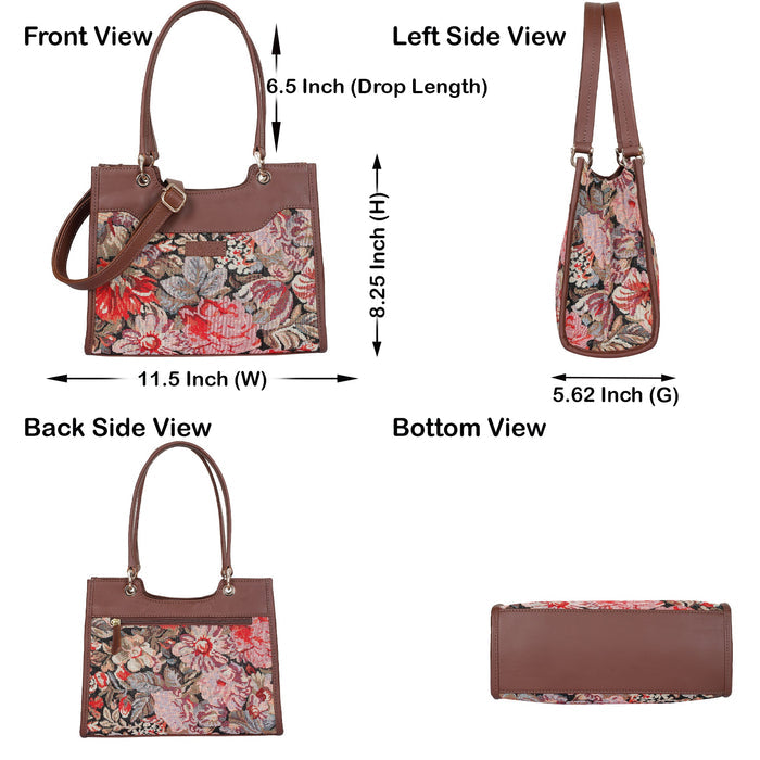 Women’s floral tapestry top?handle satchel with leather trim for daily, office, travel, and everyday use-infographic image