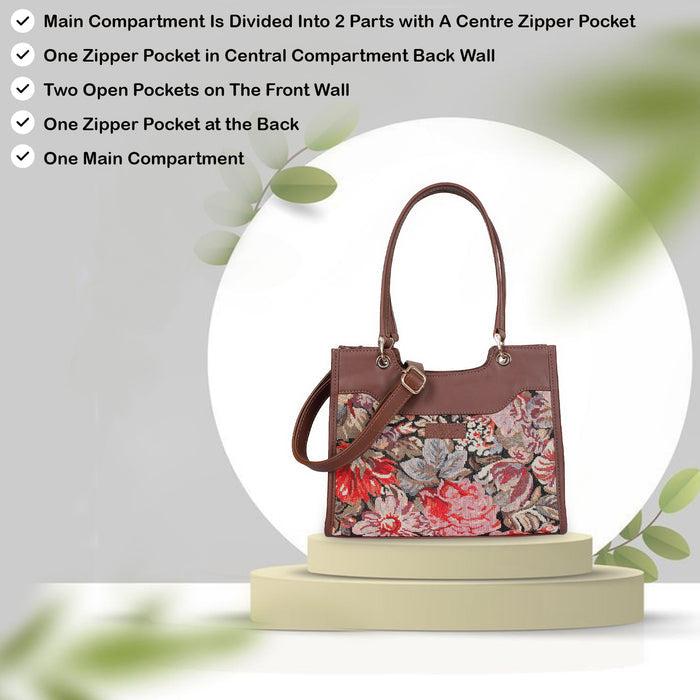 Women’s floral tapestry top?handle satchel with leather trim for daily, office, travel, and everyday use-feature view