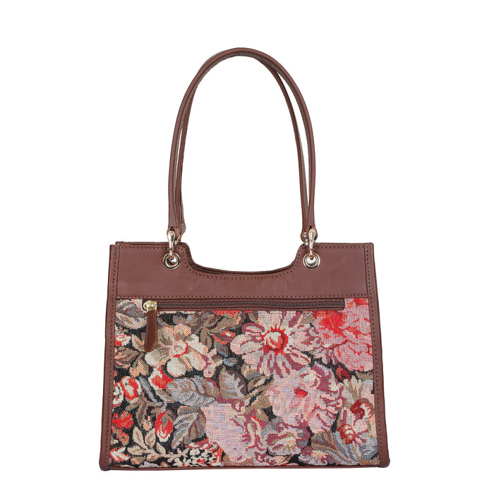 Women’s floral tapestry top?handle satchel with leather trim for daily, office, travel, and everyday use-back view