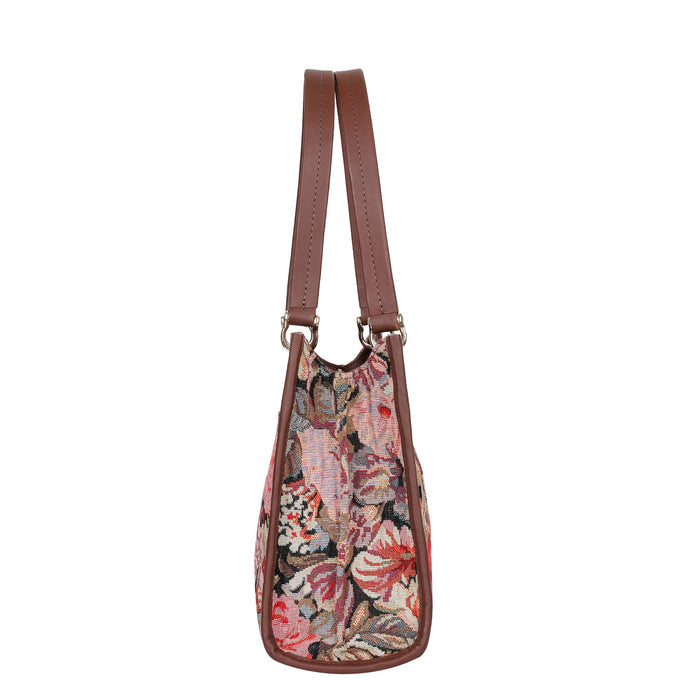 Women’s floral tapestry top?handle satchel with leather trim for daily, office, travel, and everyday use-side view