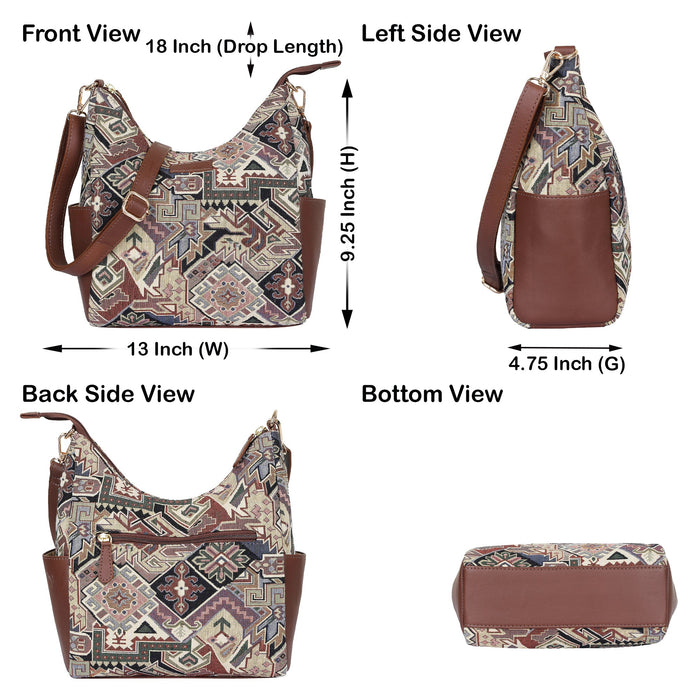 Women’s geometric tapestry hobo sling bag with leather trim for daily, office, travel, and everyday use-infographic image