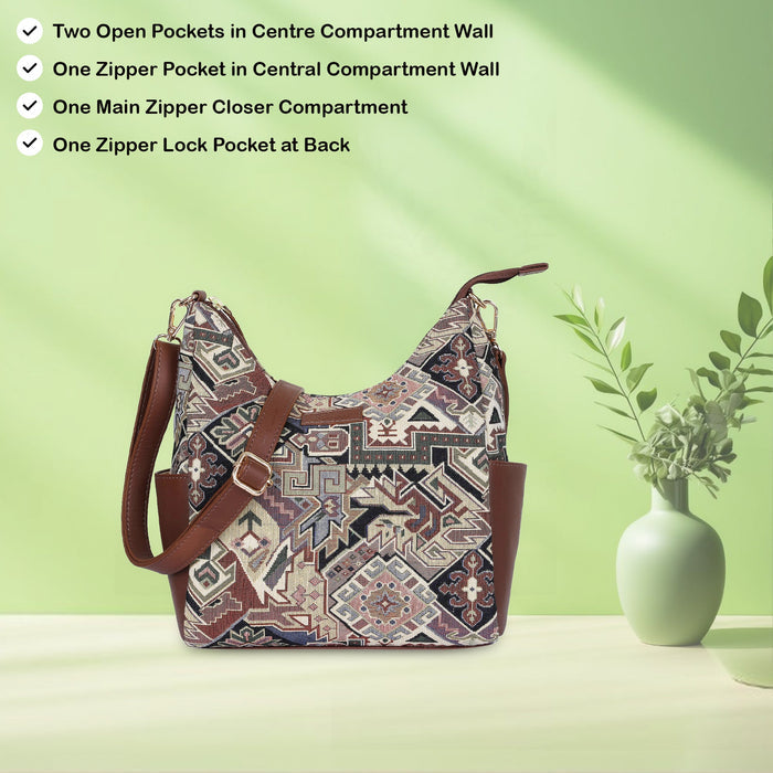 Women’s geometric tapestry hobo sling bag with leather trim for daily, office, travel, and everyday use-feature view