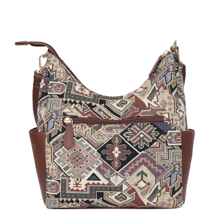 Women’s geometric tapestry hobo sling bag with leather trim for daily, office, travel, and everyday use-back view