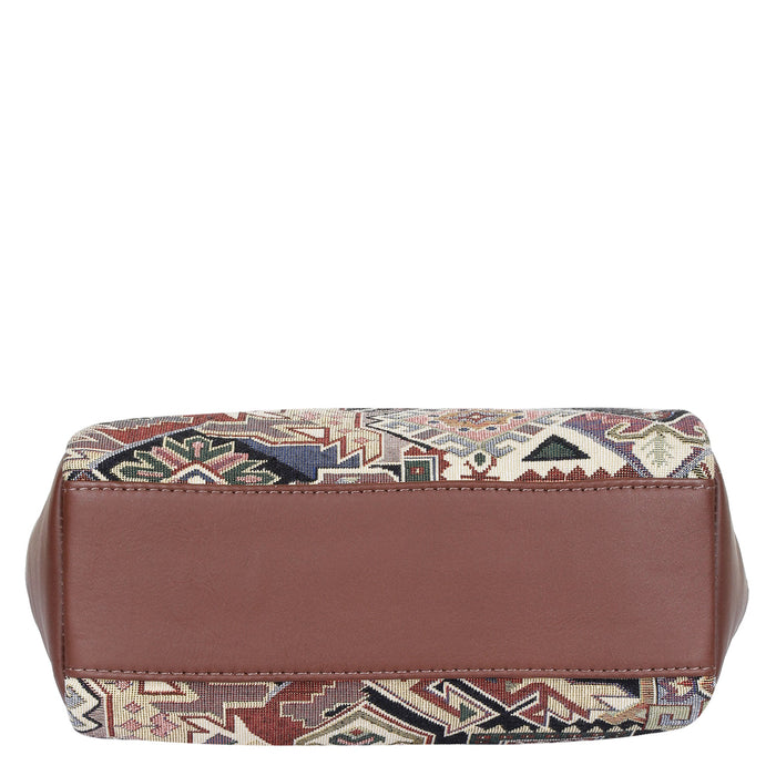 Women’s geometric tapestry hobo sling bag with leather trim for daily, office, travel, and everyday use-bottom image