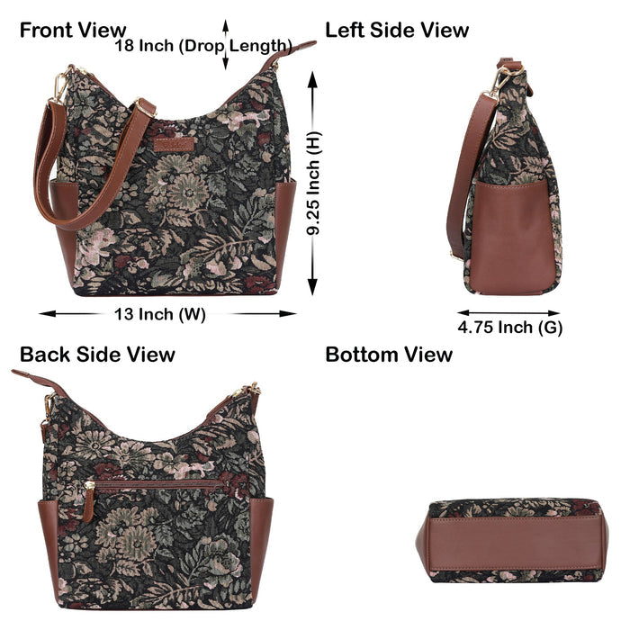 Women’s vintage tapestry hobo sling bag with leather trim for daily, office, travel, and everyday use-infographic image