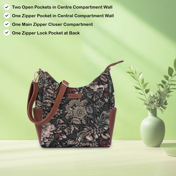 Women’s vintage tapestry hobo sling bag with leather trim for daily, office, travel, and everyday use-feature view