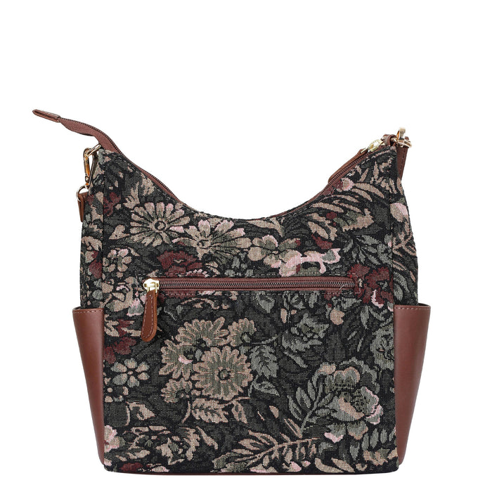 Women’s vintage tapestry hobo sling bag with leather trim for daily, office, travel, and everyday use-back view
