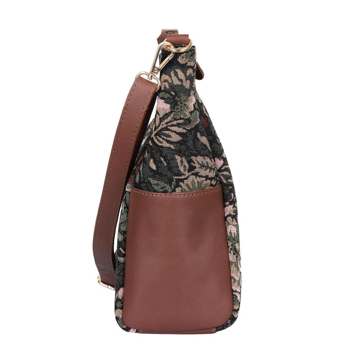 Women’s vintage tapestry hobo sling bag with leather trim for daily, office, travel, and everyday use-side view