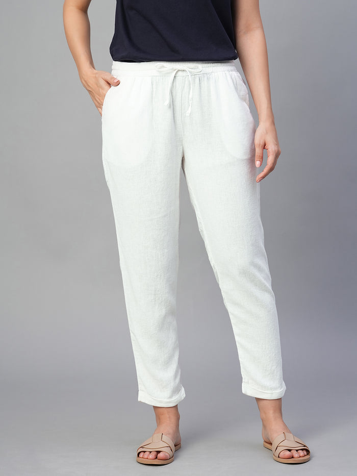Women's Linen Viscose Ankle Length Pants White