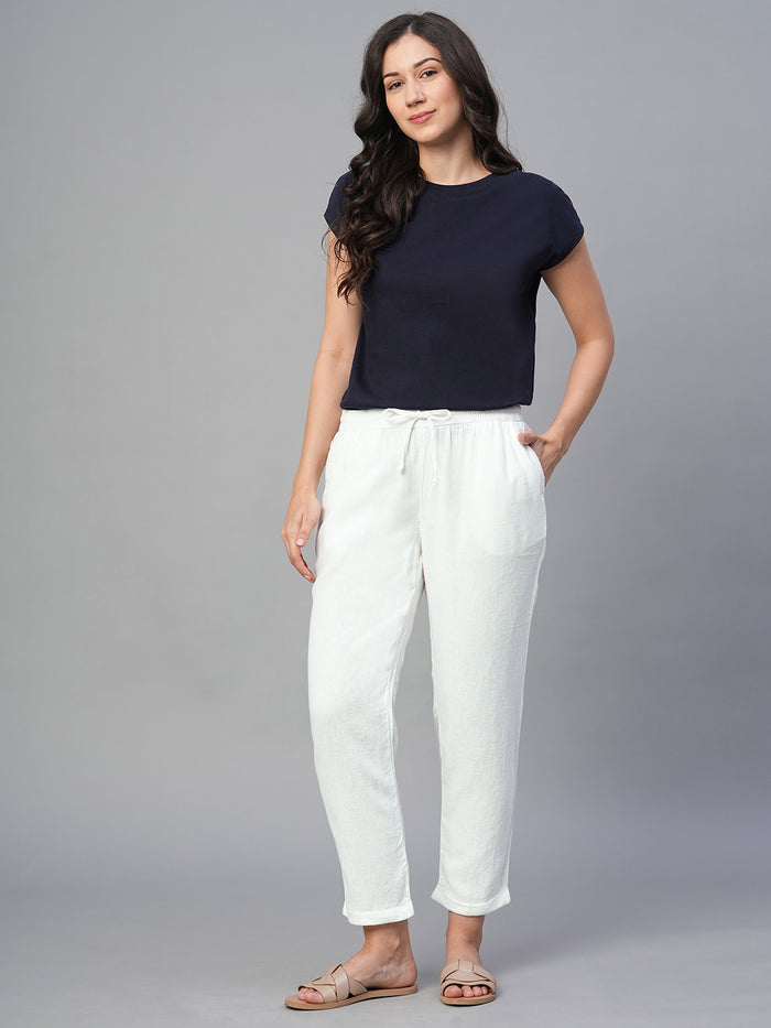 Women's Linen Viscose Ankle Length Pants White