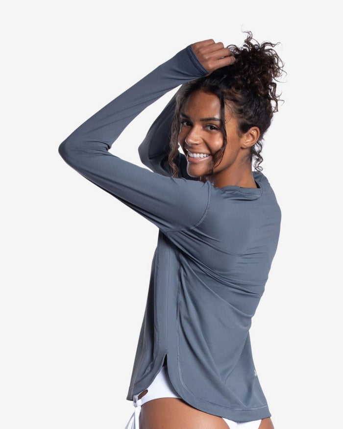 Women wearing smoke relaxed scallop top with smoke with bikini bottom. Picture shows back of shirt. (Style 2015) - BloqUV