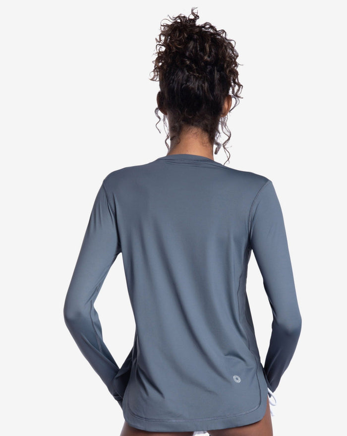 Women wearing smoke relaxed scallop top with smoke with bikini bottom. Picture shows back of shirt. (Style 2015) - BloqUV