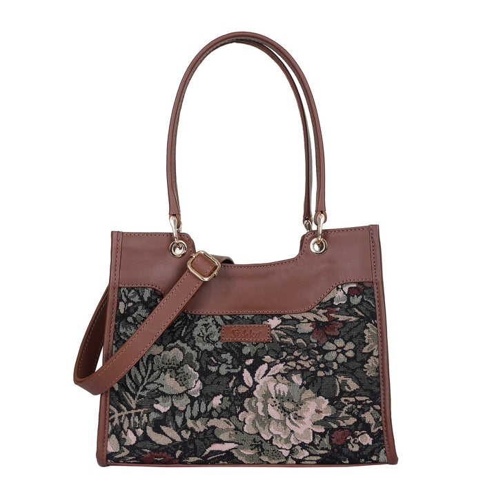 Women's vintage tapestry leather trim crossbody satchel bag — rich heritage motifs and old-world tapestry charm, sishka.ca