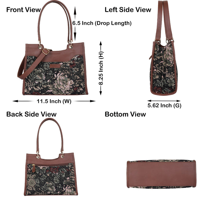 Women's vintage tapestry leather trim crossbody satchel bag — rich heritage motifs and old-world tapestry charm, sishka.ca-infographic image
