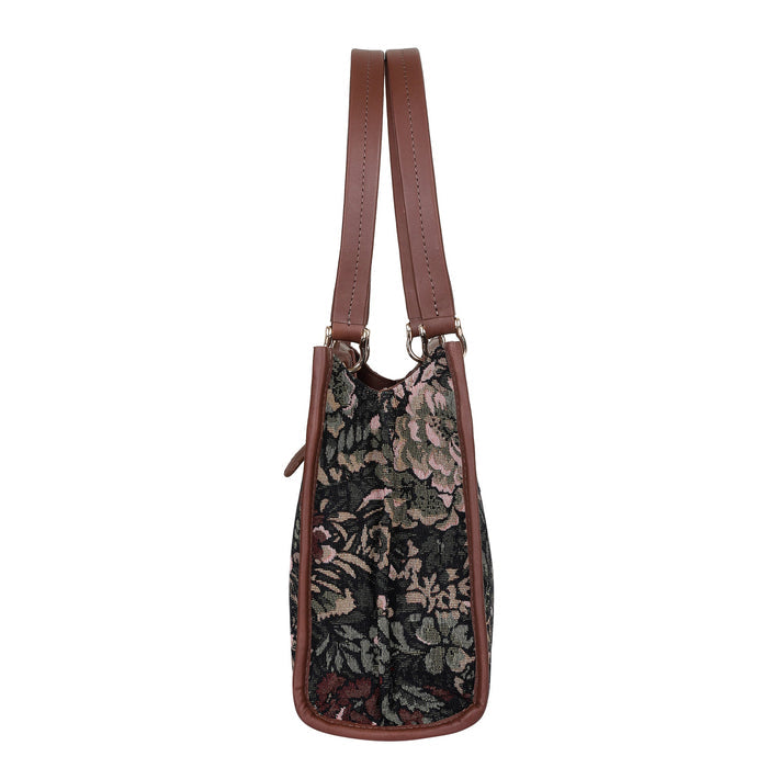 Women's vintage tapestry leather trim crossbody satchel bag — rich heritage motifs and old-world tapestry charm, sishka.ca-side view