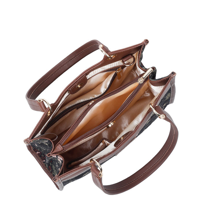 Women's vintage tapestry leather trim crossbody satchel bag — rich heritage motifs and old-world tapestry charm, sishka.ca-interior view