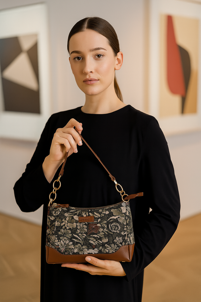 Women's Vintage Tapestry Chain Shoulder Bag with Leather Trim - Canada & USA-model image