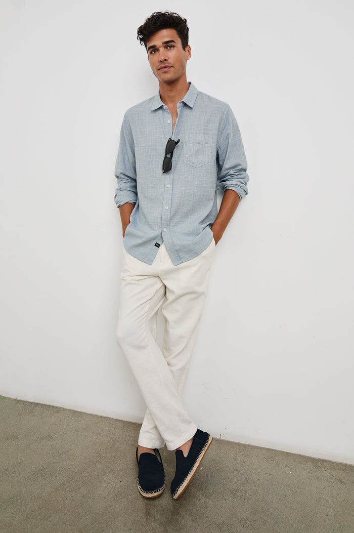 Wyatt Long-Sleeve Relaxed Fit Button Up with a Chest Patch Pocket in Tidal Etch Colorway - full body front view on model