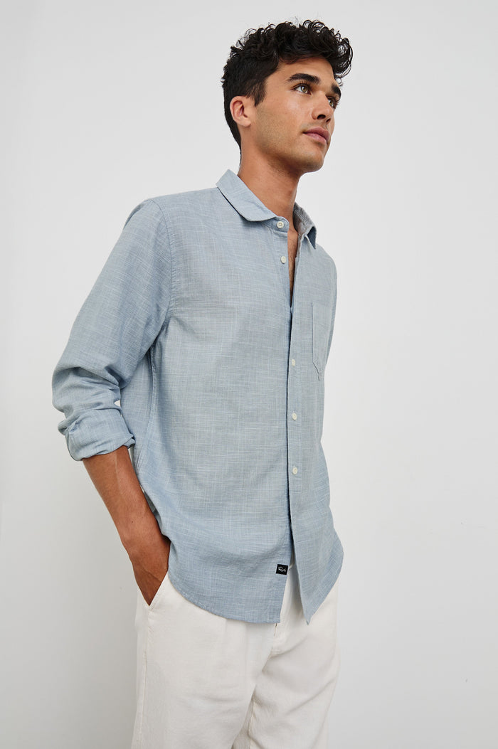 Wyatt Long-Sleeve Relaxed Fit Button Up with a Chest Patch Pocket in Tidal Etch Colorway -front view on model, slight angle